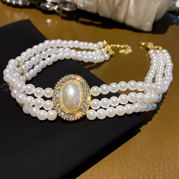 🌟 Gorgeous Big Baroque Imitation Pearl Two Tone Chain Necklace Elegant Choker - Picture 3 of 4